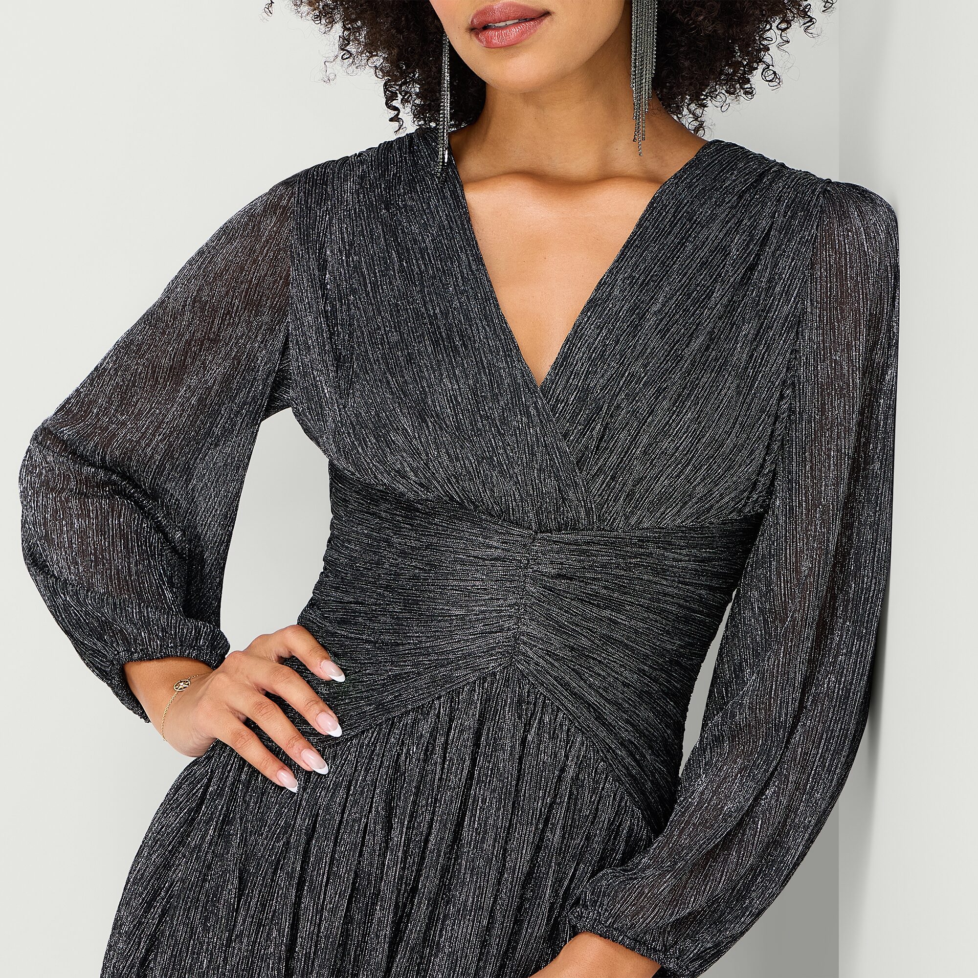Melonie T Womens V Neck Long Sleeve Balloon Fit + Flare Dress