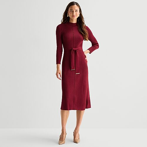 Studio 1 Womens Long Sleeve Midi Sweater Dress In Red