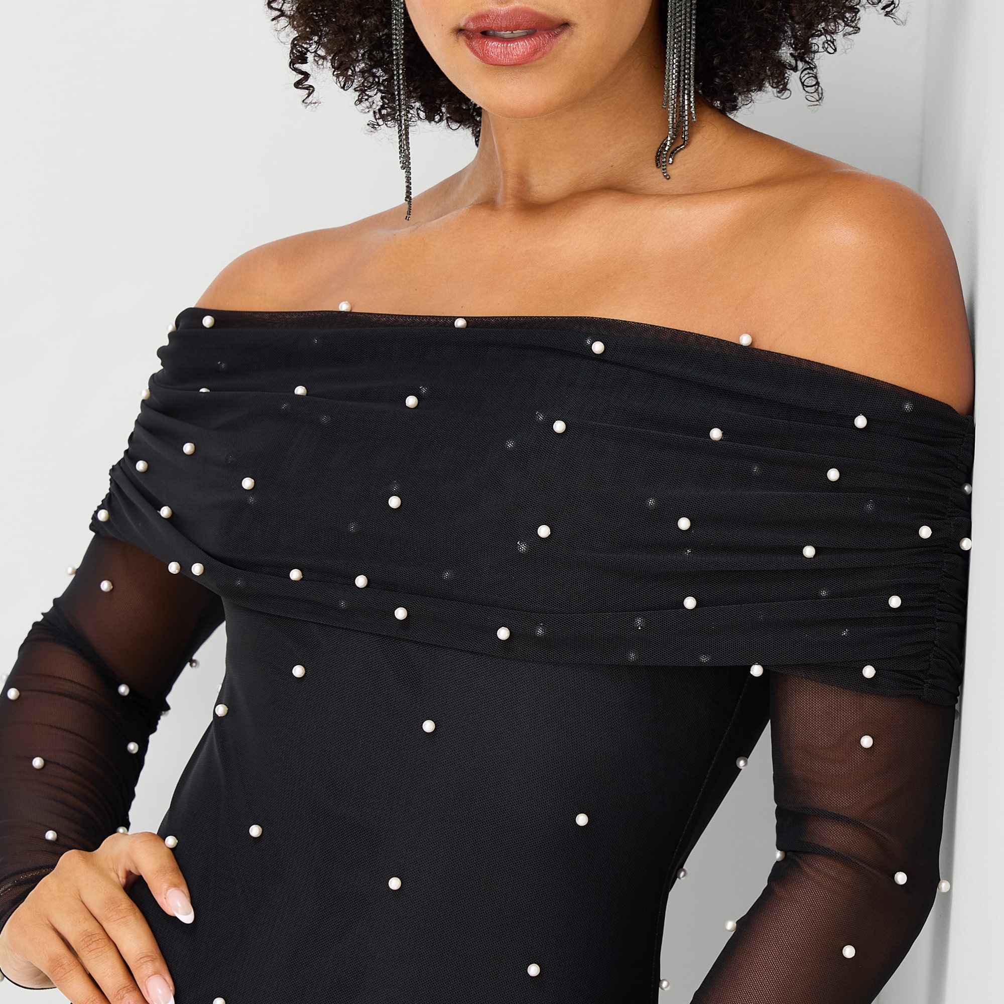 Premier Amour Womens Straight Neck Long Sleeve Off the Shoulder Pearl Trim Evening Gown
