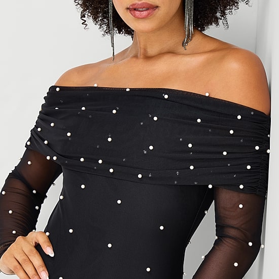 Premier Amour Womens Straight Neck Long Sleeve Off the Shoulder Pearl Trim Evening Gown