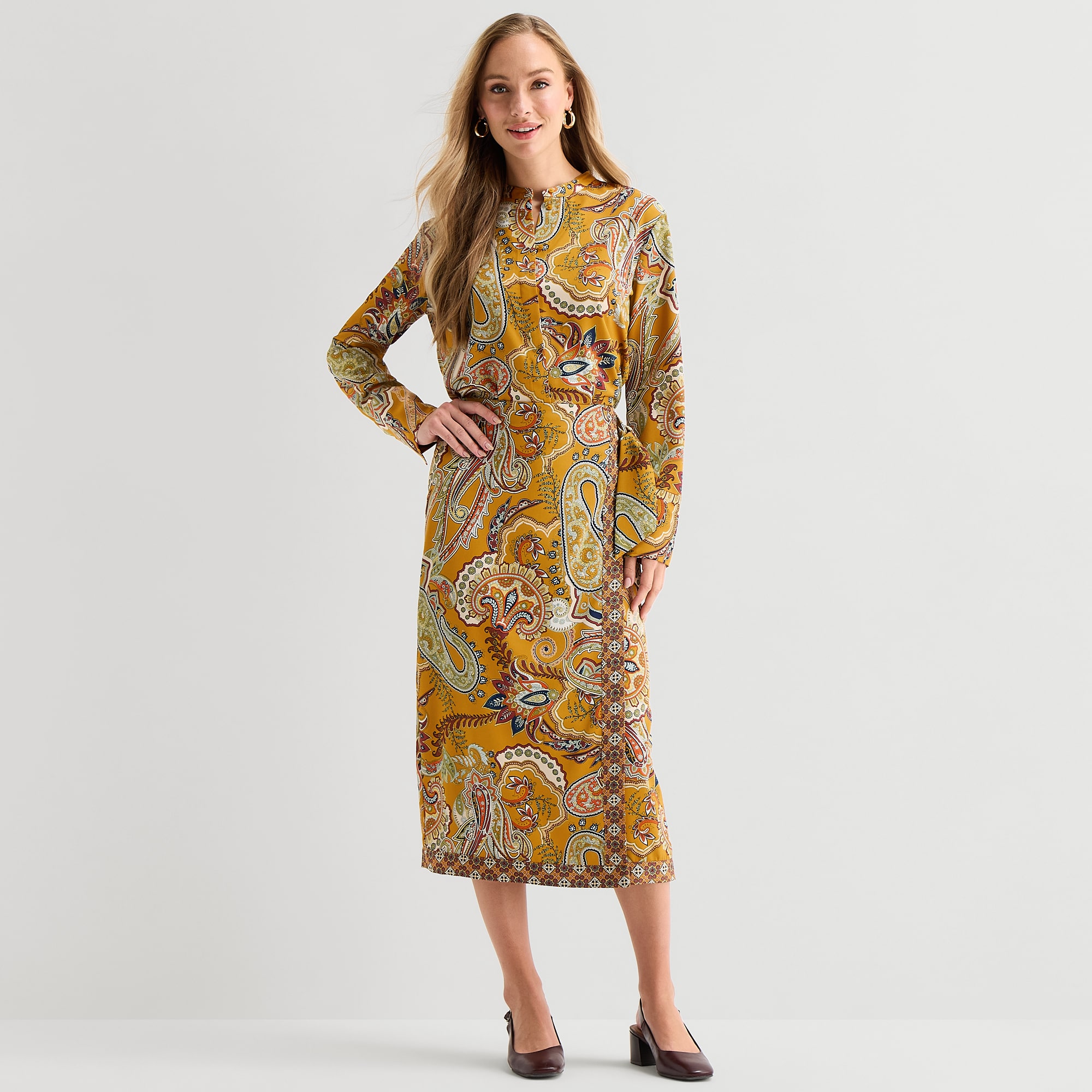 Liz Claiborne Womens Round Neck Cuffed Long Sleeve Regular Fit Button-Down Shirt