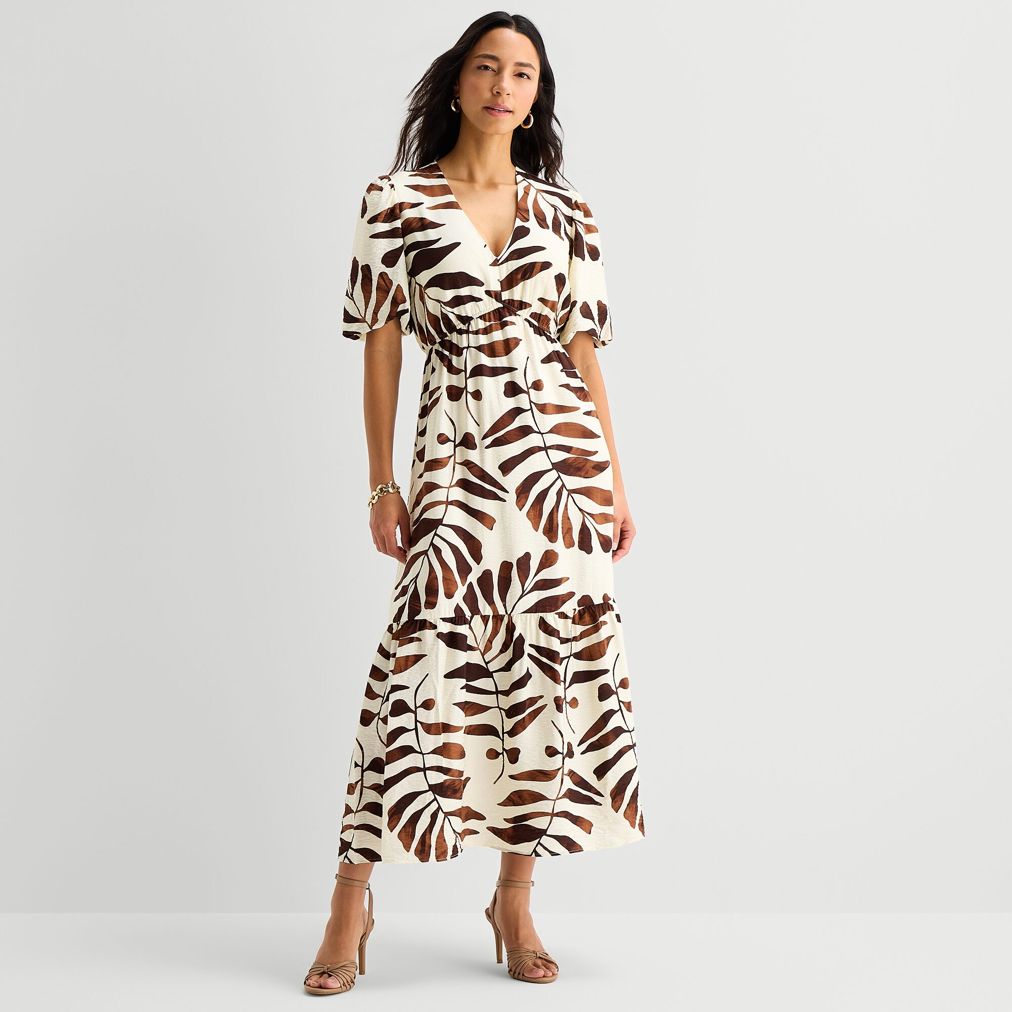 Sandra Darren Womens V Neck Short Sleeve Puffed Maxi Dress