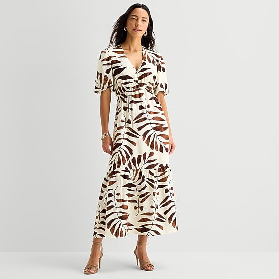Sandra Darren Womens V Neck Short Sleeve Puffed Maxi Dress