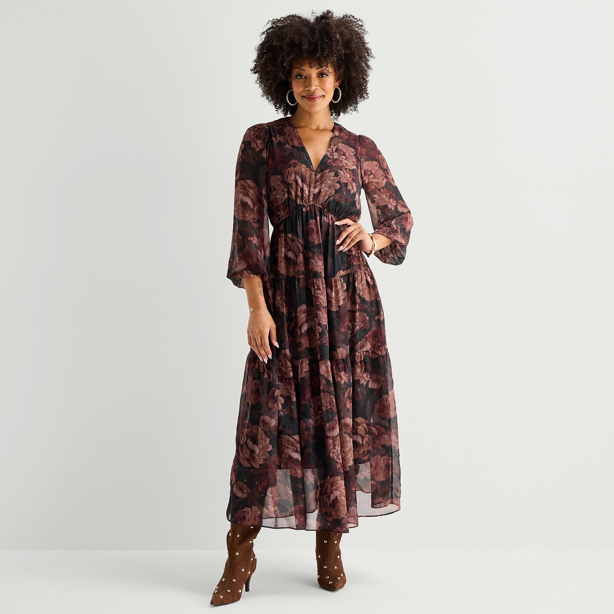 Isabel & Nina Womens V Neck Long Sleeve Bishop Maxi Dress