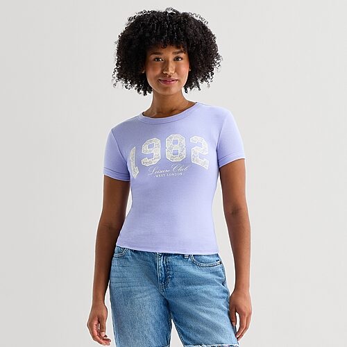 Arizona Womens Juniors Crew Neck Short Sleeve Regular Fit Graphic T-Shirt, Xx-large, Purple