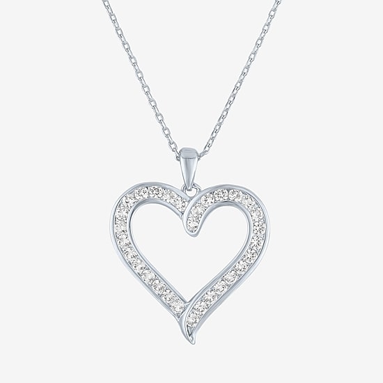 Yes, Please! Womens Lab Created White Sapphire Pure Silver Over Brass Heart 16 Inch Pendant Necklace