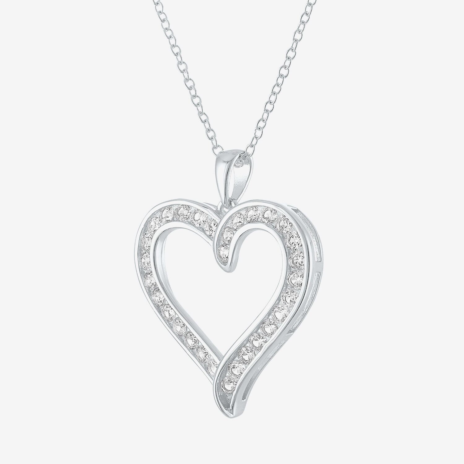 Yes, Please! Womens Lab Created White Sapphire Pure Silver Over Brass Heart 16 Inch Pendant Necklace