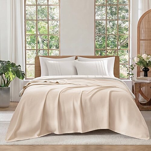 Madison Park Egyptian Cotton Micro Herringbone Blanket, One Size, Beige