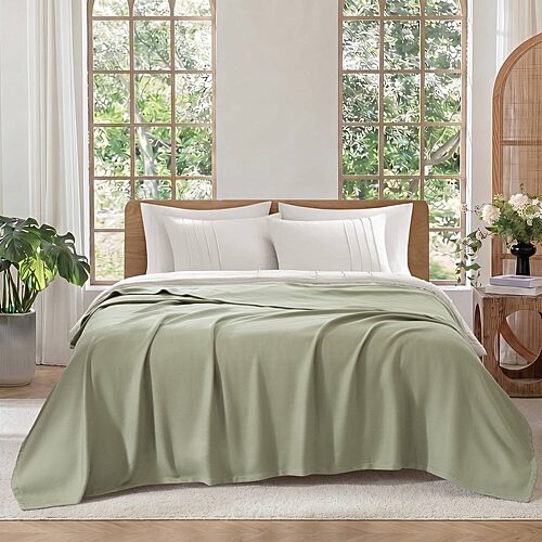Madison Park Egyptian Cotton Micro Herringbone Blanket, One Size, Green