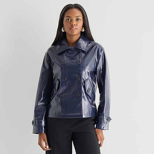 Worthington Womens Faux Leather Lightweight Jacket In Blue