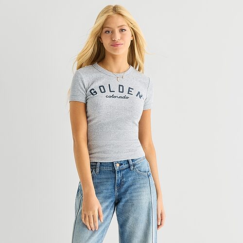 Arizona Womens Juniors Crew Neck Short Sleeve Regular Fit Graphic T-Shirt, Xx-large, Blue