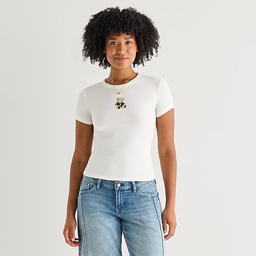 Arizona Womens Juniors Crew Neck Short Sleeve Regular Fit Graphic T-Shirt, X-large, White