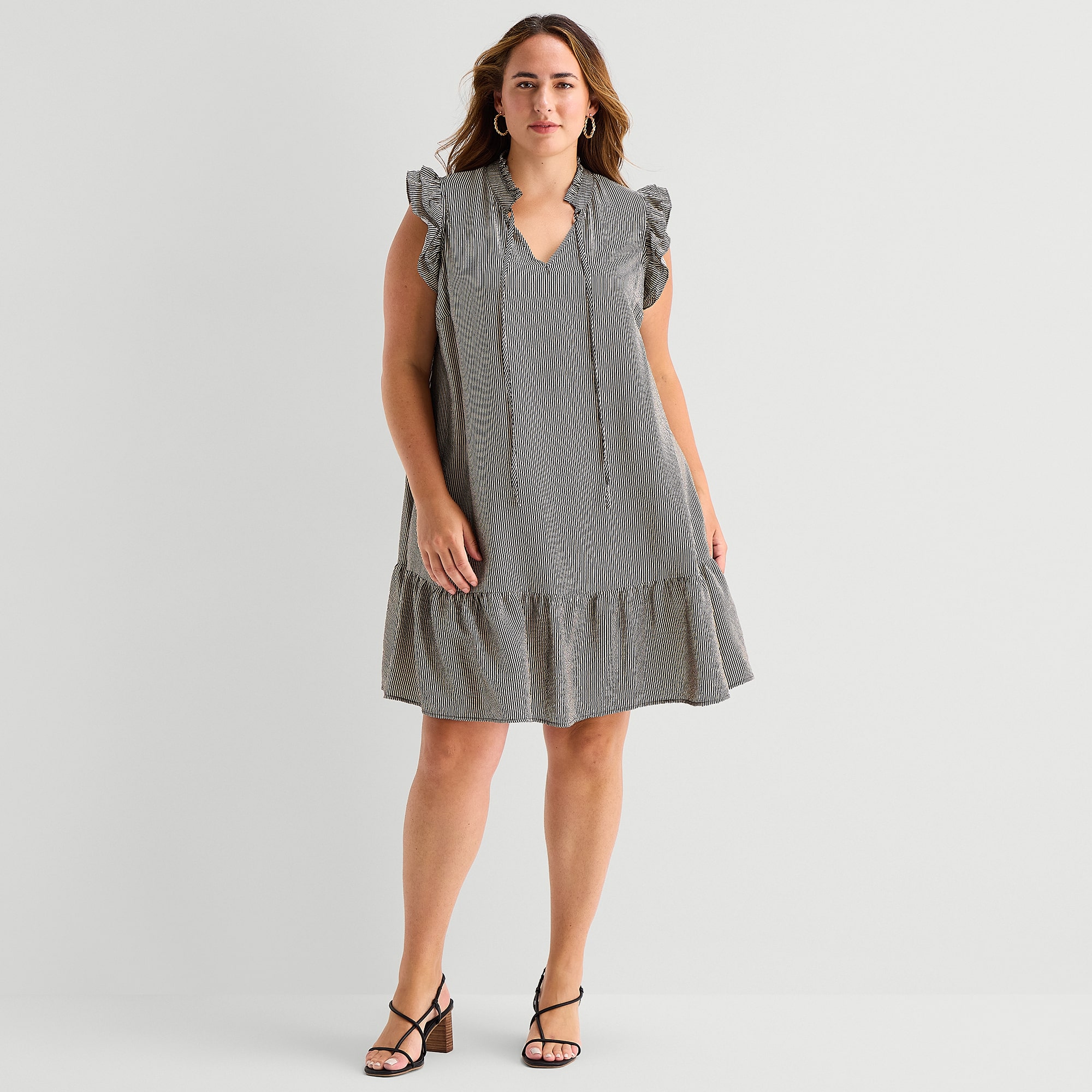 52seven Womens Plus Split Tie Neck Sleeveless Striped Shift Dress