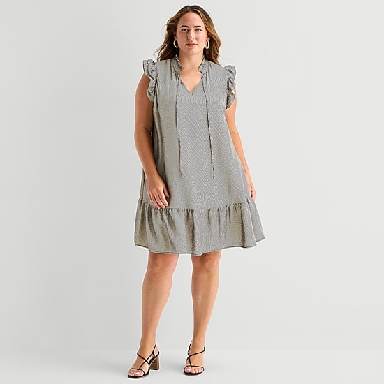 52seven Womens Plus Split Tie Neck Sleeveless Striped Shift Dress
