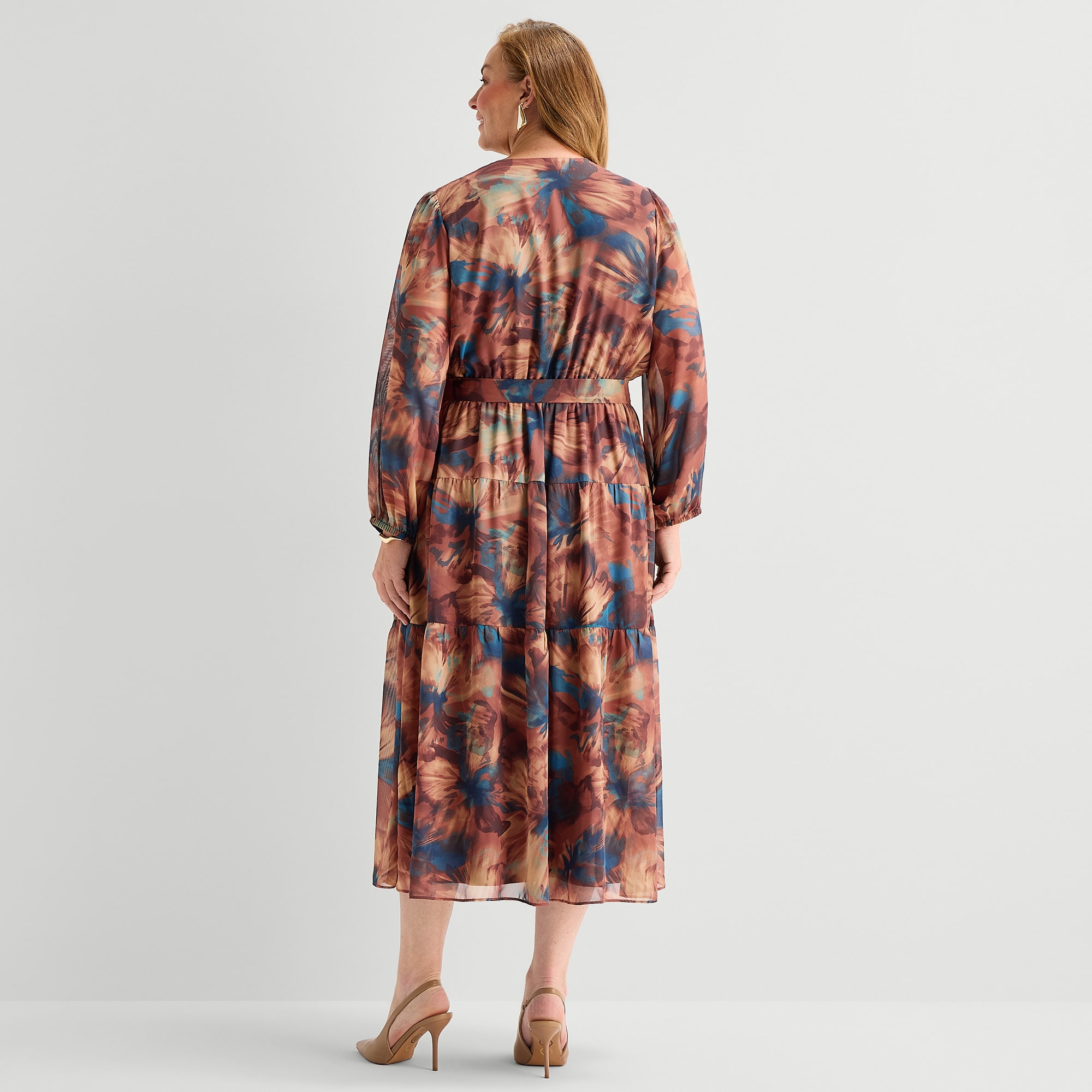 Robbie Bee Womens Plus V Neck Long Sleeve Bishop Chiffon Maxi Dress