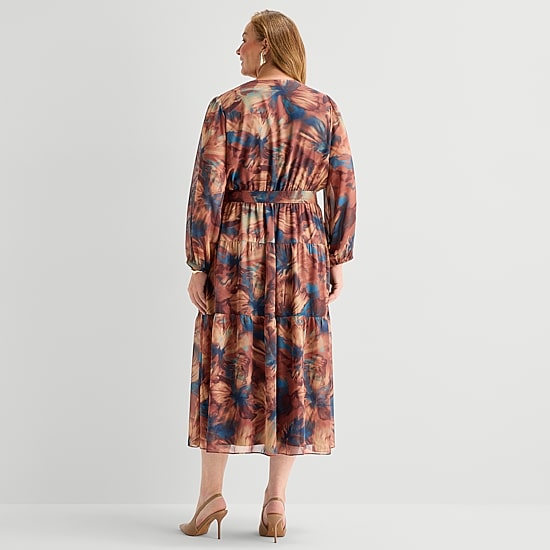 Robbie Bee Womens Plus V Neck Long Sleeve Bishop Chiffon Maxi Dress