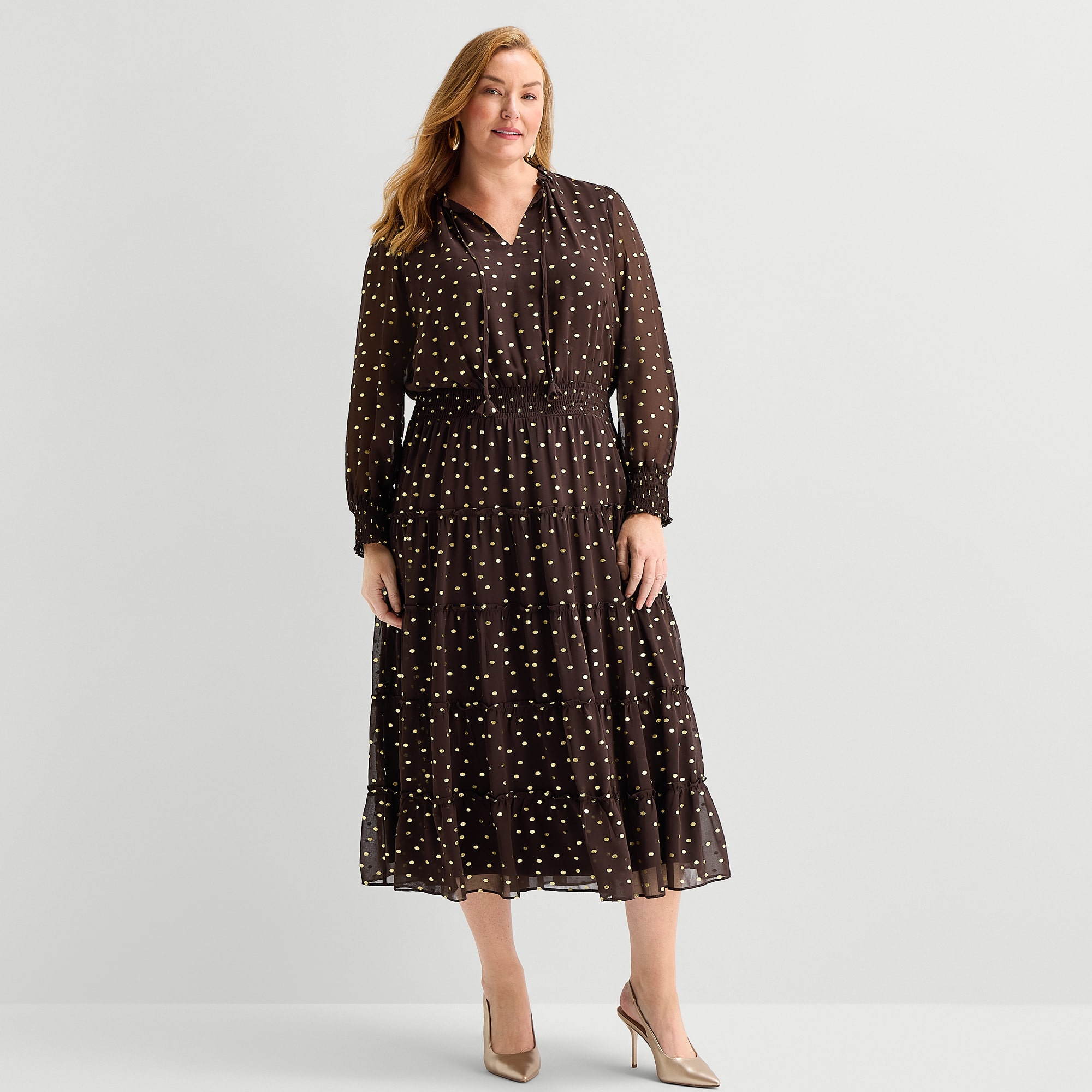 MSK Womens Plus Split Tie Neck Long Sleeve Cuffed Chiffon Maxi Dress