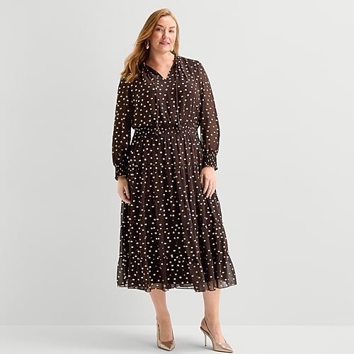 Msk Womens Plus Split Tie Neck Long Sleeve Cuffed Chiffon Maxi Dress In Brown