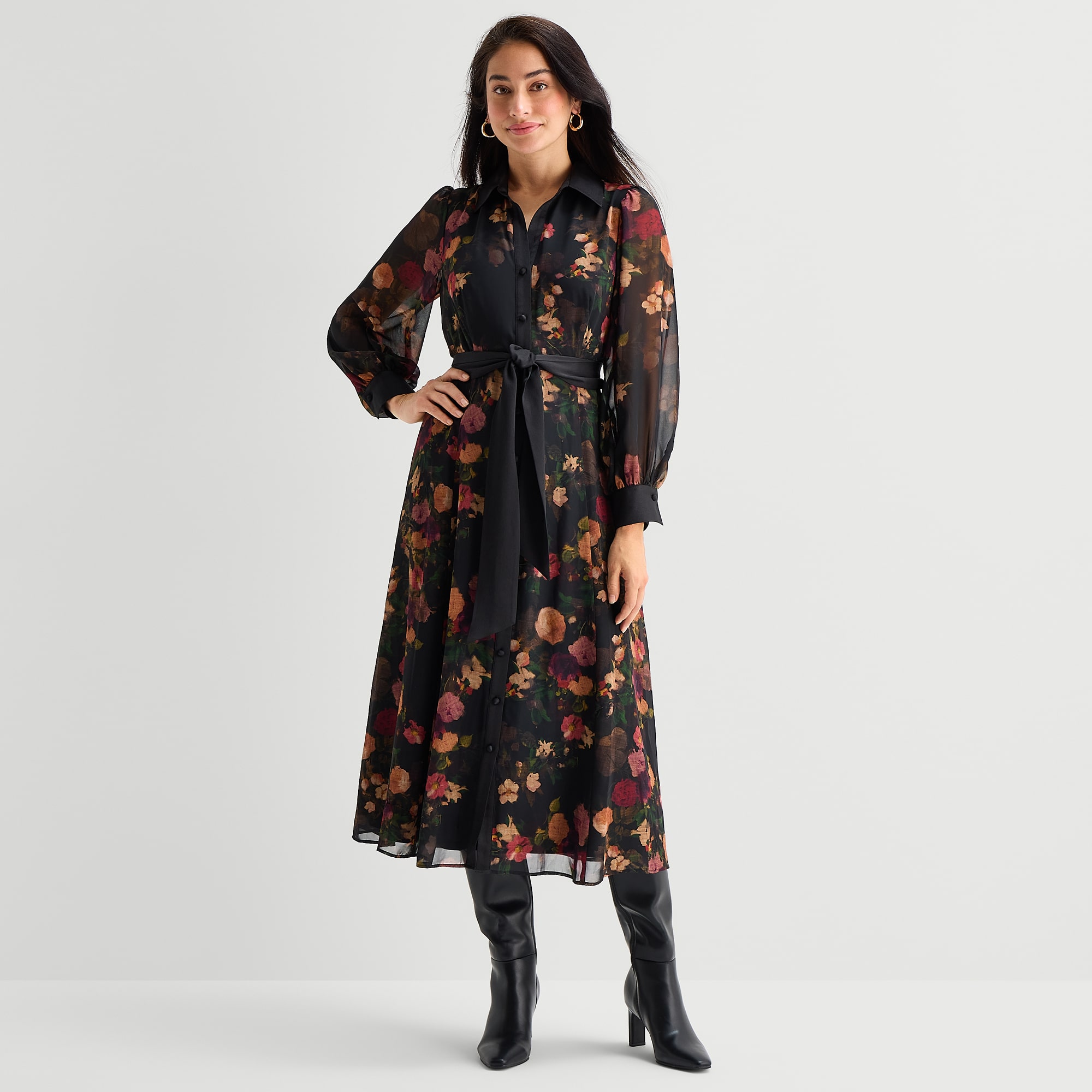 Studio 1 Womens Long Sleeve Midi Floral Shirt Dress