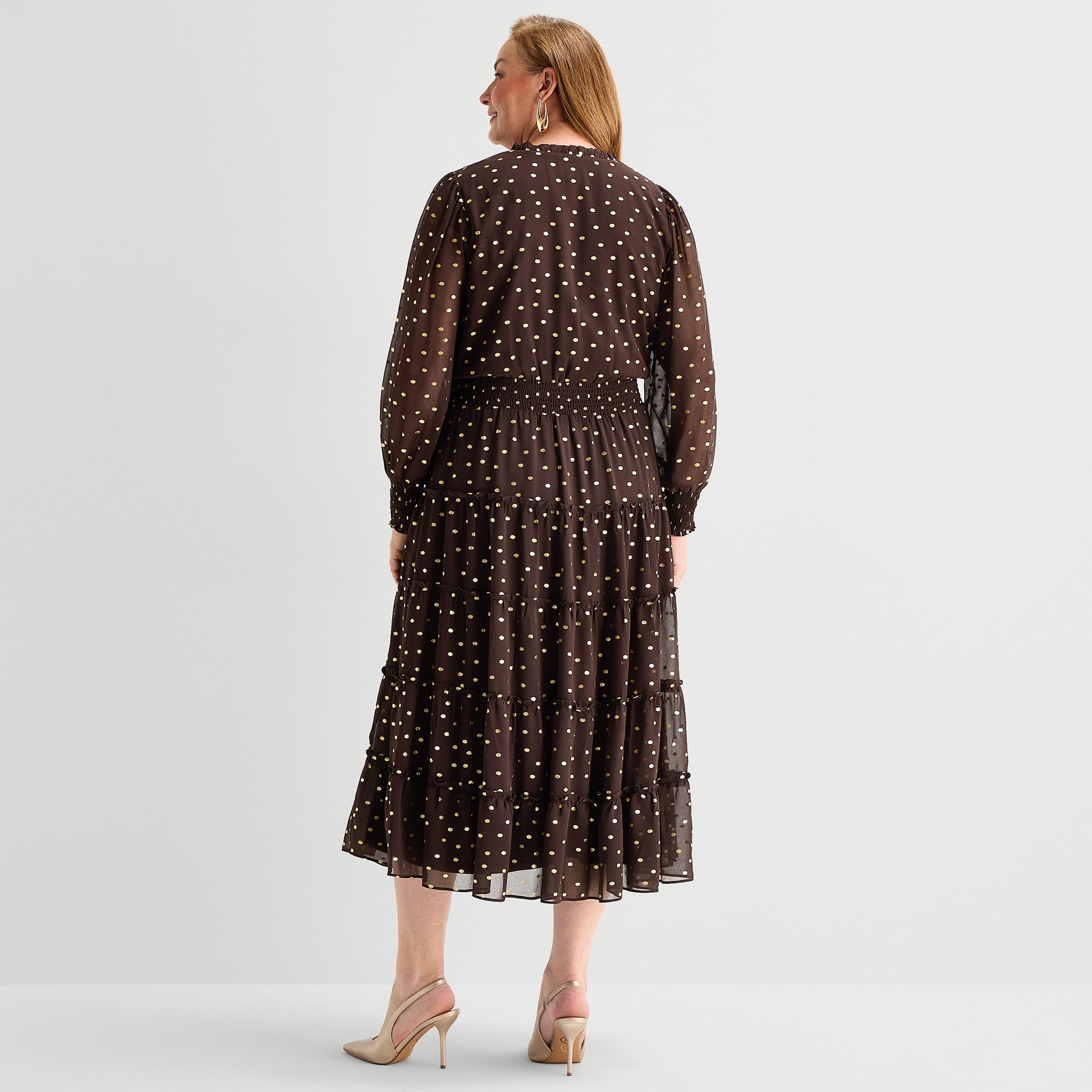 MSK Womens Plus Split Tie Neck Long Sleeve Cuffed Chiffon Maxi Dress