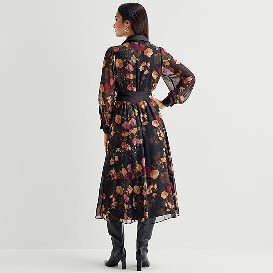 Studio 1 Womens Long Sleeve Midi Floral Shirt Dress