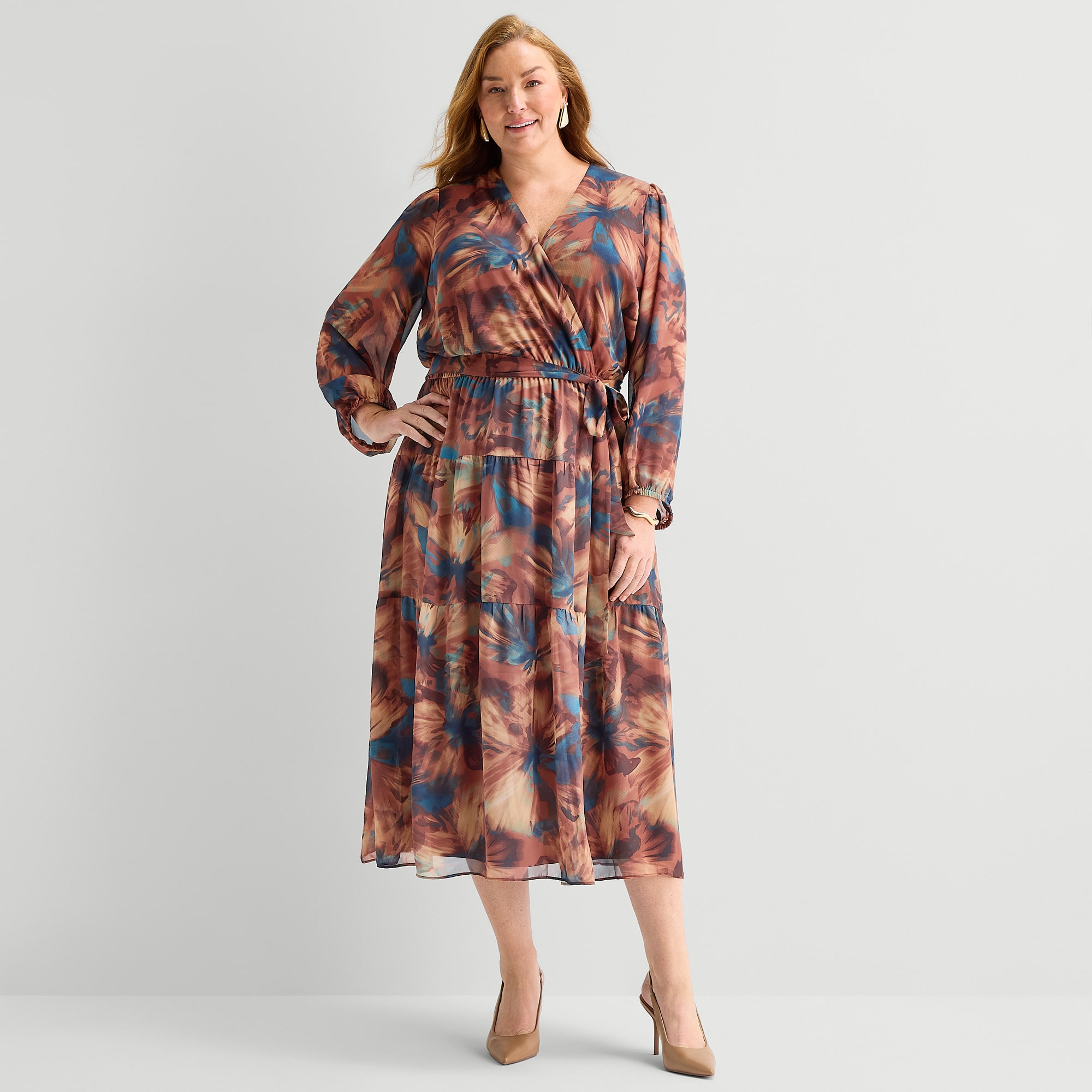 Robbie Bee Womens Plus V Neck Long Sleeve Bishop Chiffon Maxi Dress