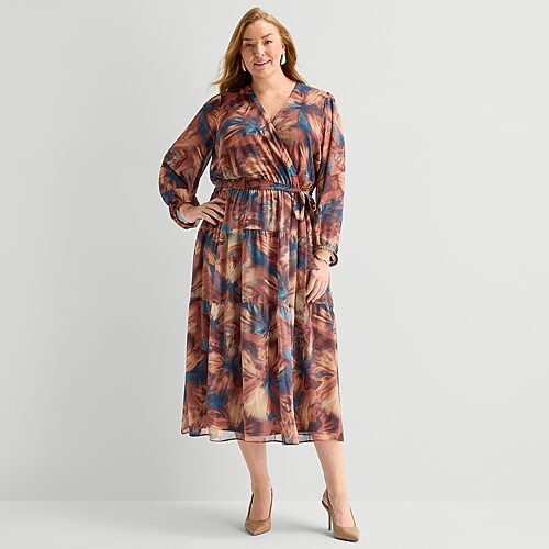 Robbie Bee Womens Plus V Neck Long Sleeve Bishop Chiffon Maxi Dress In Brown
