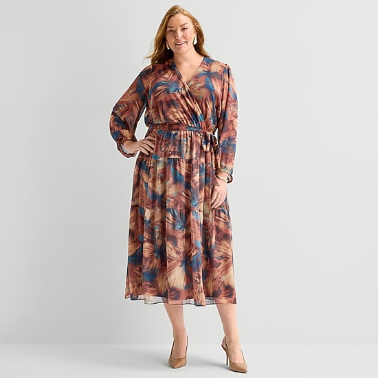 Robbie Bee Womens Plus V Neck Long Sleeve Bishop Chiffon Maxi Dress