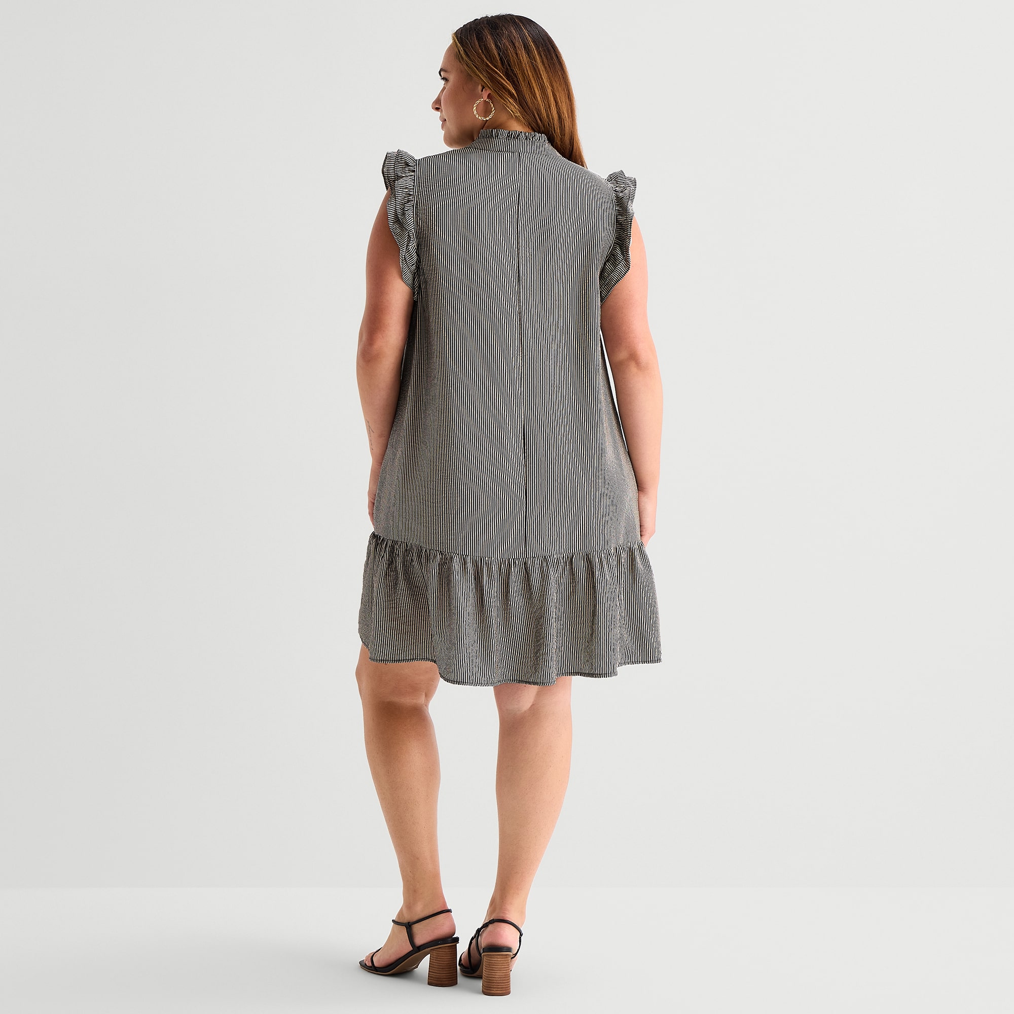 52seven Womens Plus Split Tie Neck Sleeveless Striped Shift Dress