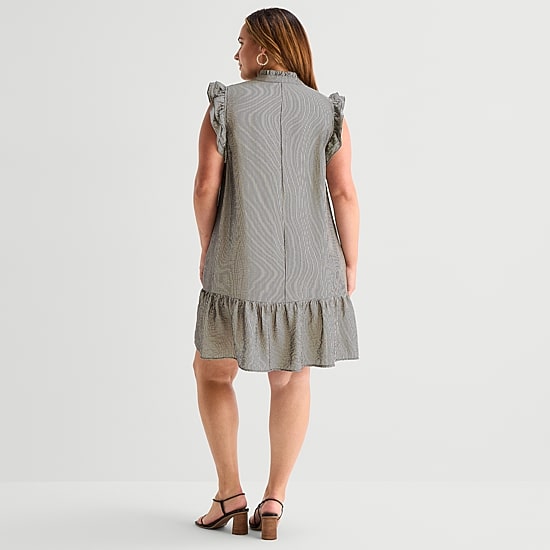 52seven Womens Plus Split Tie Neck Sleeveless Striped Shift Dress