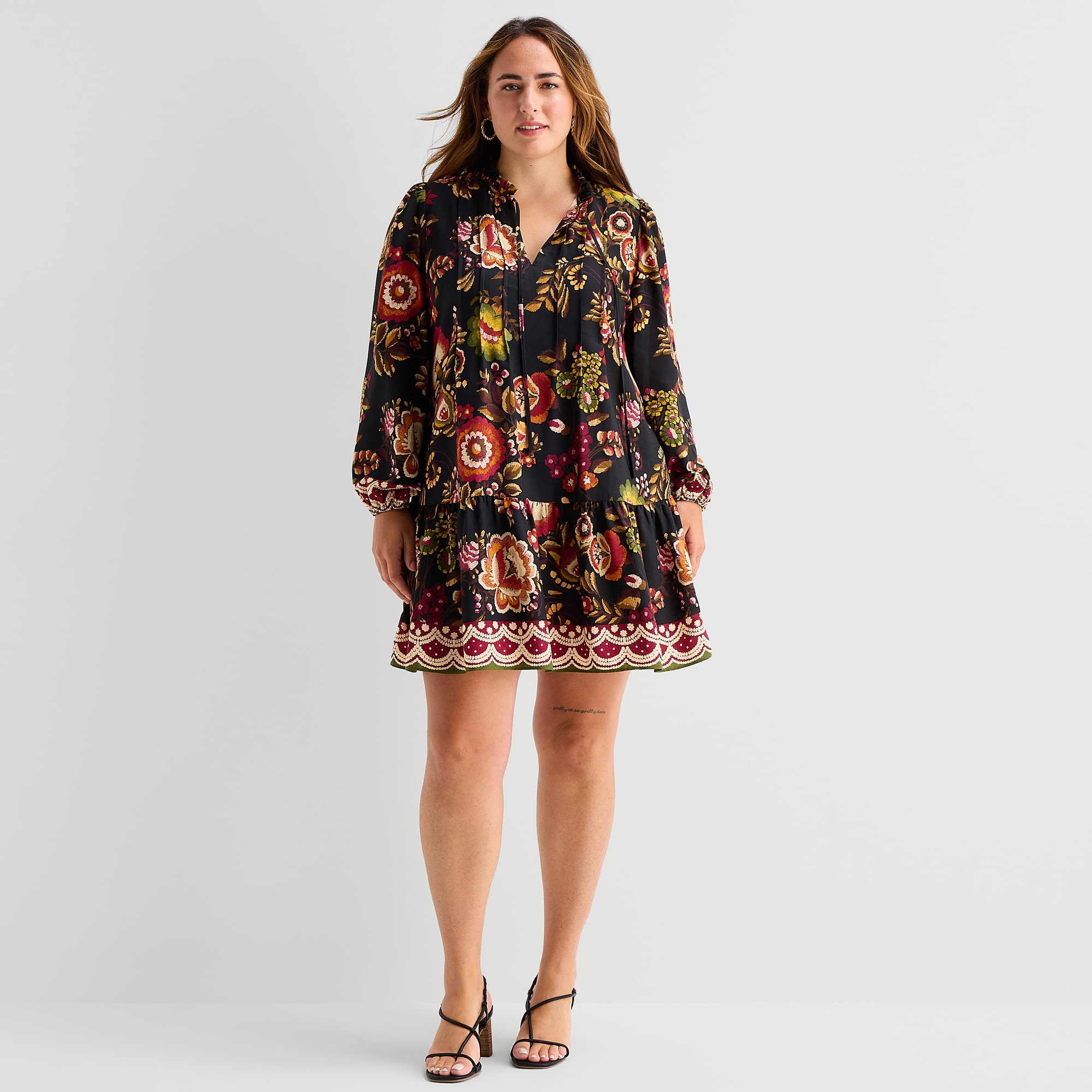 Maia Womens Plus V Neck Long Sleeve Floral Shift Dress