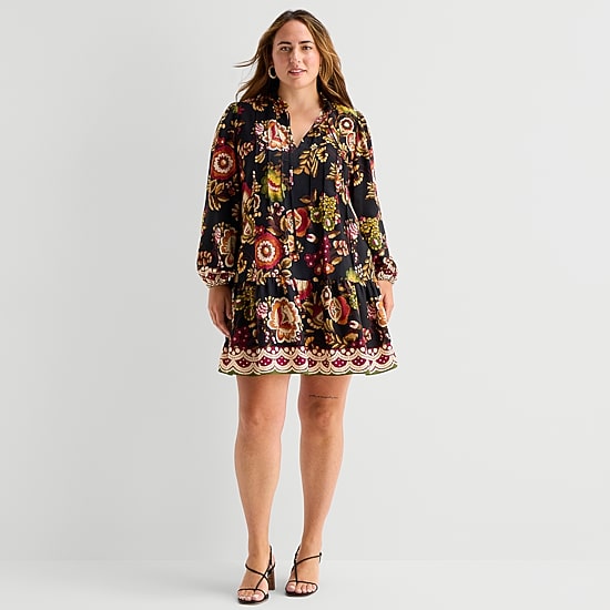 Maia Womens Plus V Neck Long Sleeve Floral Shift Dress