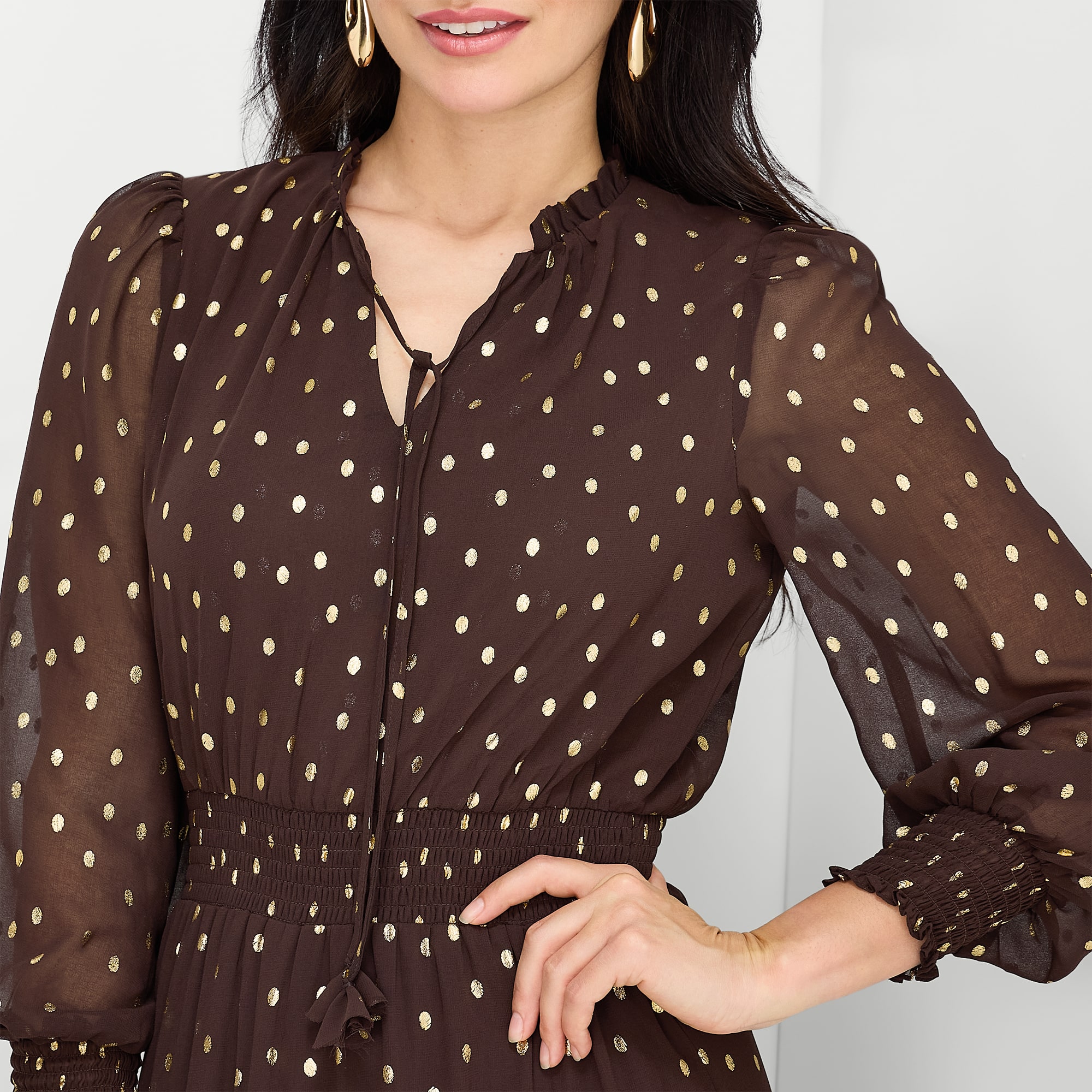 MSK Womens Round Neck Long Sleeve Cuffed Chiffon Maxi Dress