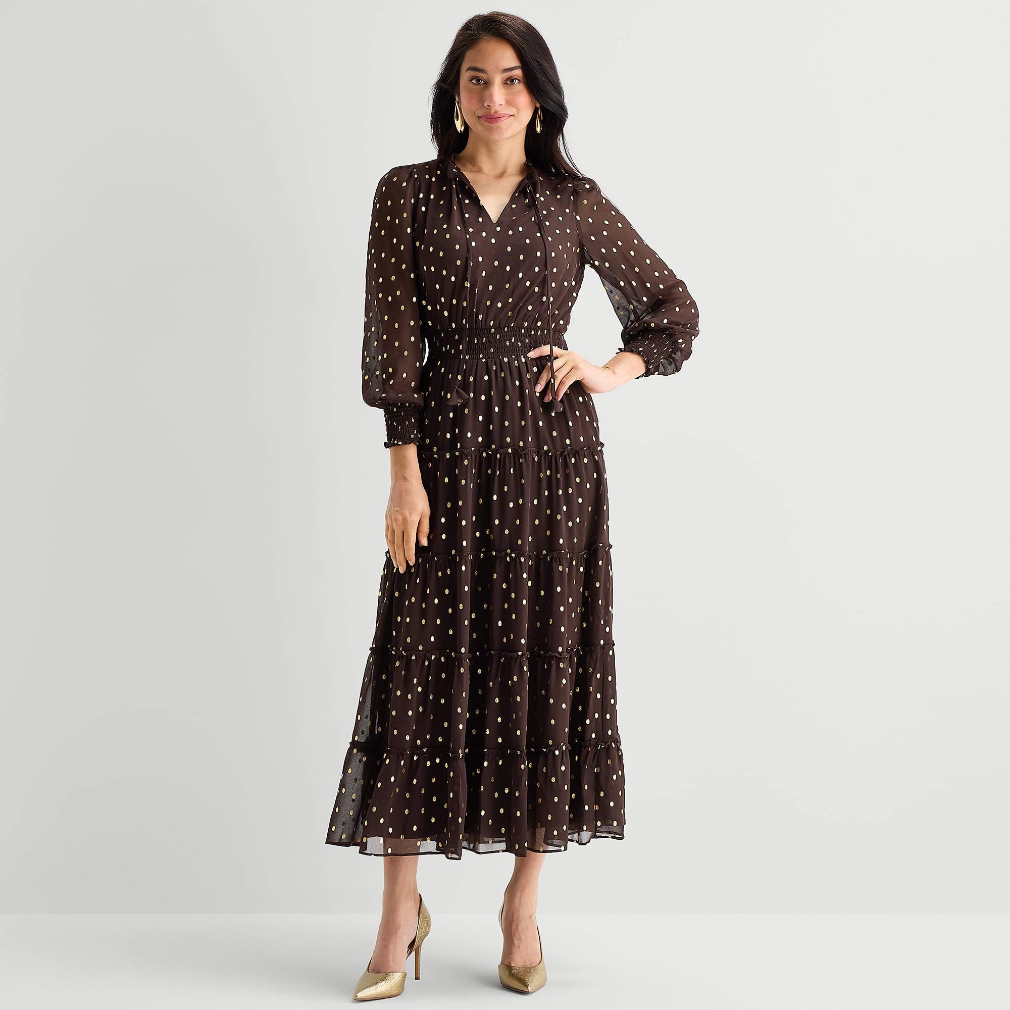 MSK Womens Round Neck Long Sleeve Cuffed Chiffon Maxi Dress