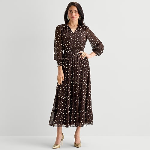 Msk Womens Round Neck Long Sleeve Cuffed Chiffon Maxi Dress In Brown