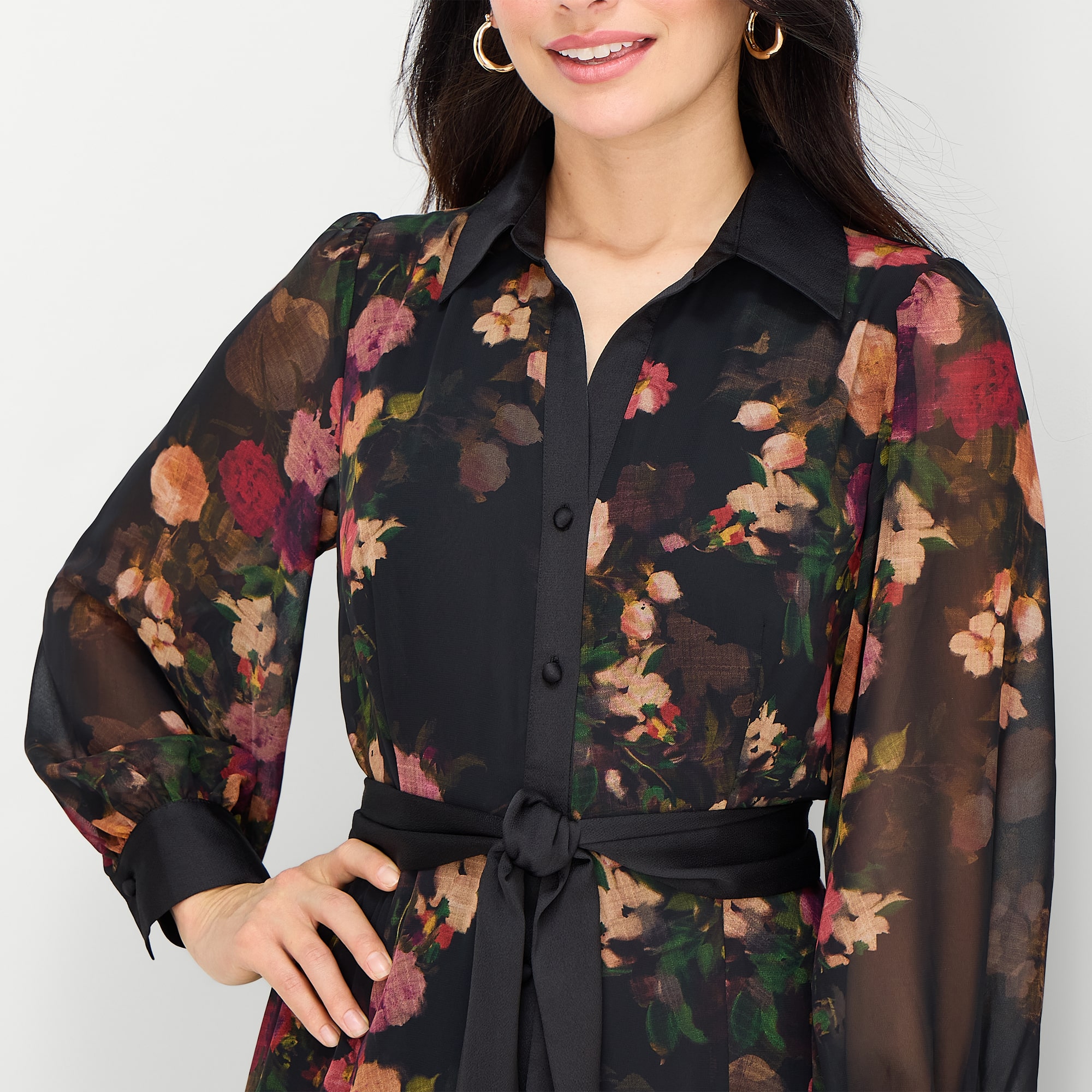 Studio 1 Womens Long Sleeve Midi Floral Shirt Dress