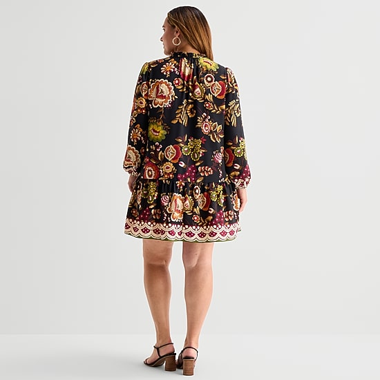 Maia Womens Plus V Neck Long Sleeve Floral Shift Dress