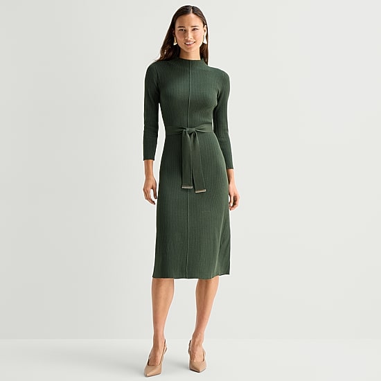 Studio 1 Womens Long Sleeve Midi Sweater Dress