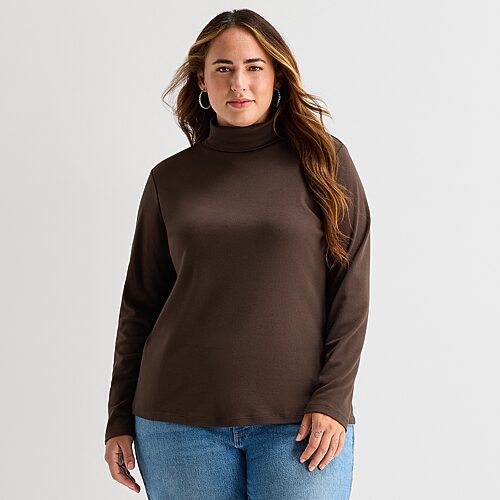 St. John's Bay Womens Plus Turtleneck Long Sleeve T-shirt In Brown