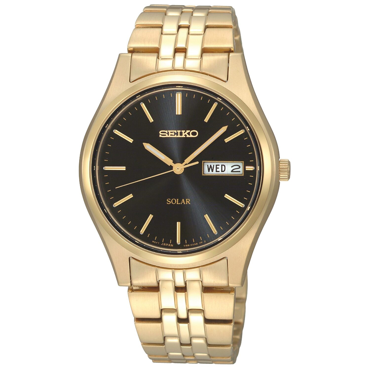 Seiko® Mens Black Dial Gold-Tone Stainless Steel Solar Watch SNE044