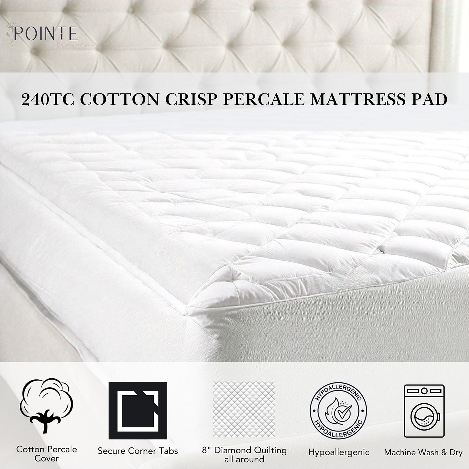 Pointehaven Cotton Percale Hypoallergenic Mattress Pad