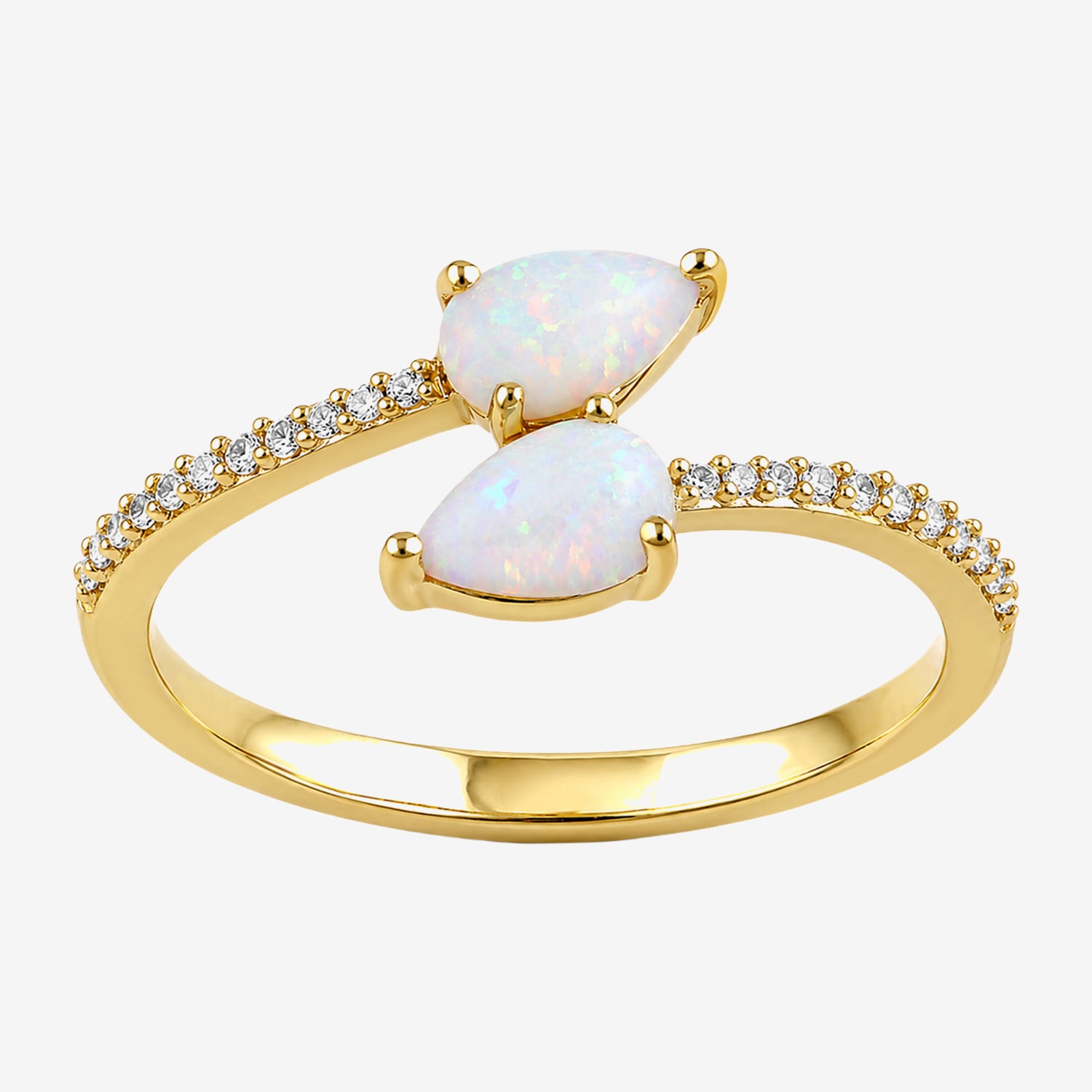 Womens Lab Created White Opal 14K Gold Over Silver Pear Side Stone Bypass  Cocktail Ring