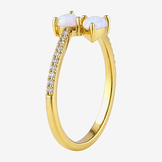 Womens Lab Created White Opal 14K Gold Over Silver Pear Side Stone Bypass  Cocktail Ring