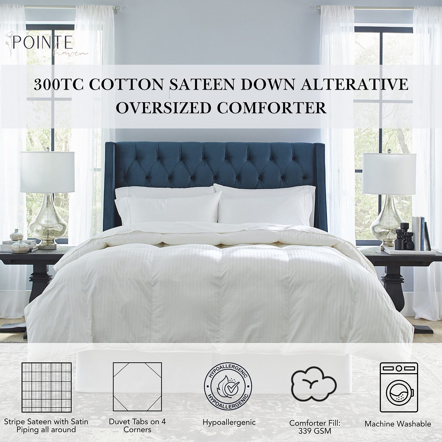 Pointehaven Down Alternative Cotton Sateen Stripe Hypoallergenic Luxury Sized Stripes Heavyweight Comforter