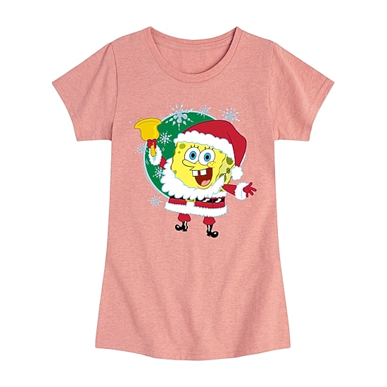 Santa Spongebob Big Kid Girls Crew Neck Short Sleeve Regular Fit Spongebob Big Graphic T-Shirt