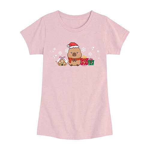 Novelty T-shirts Capybara Christmas Big Kid Girls Crew Neck Short Sleeve Regular Fit Big Graphic T-shirt In Pink