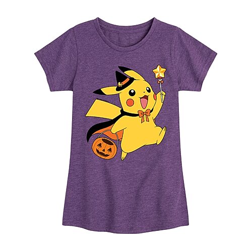 Novelty T-shirts Witch Pikachu Halloween Big Kid Girls Crew Neck Short Sleeve Regular Fit Pokemon Big Graphic T-shirt In Purple