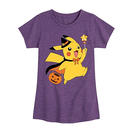 Witch Pikachu Halloween Big Kid Girls Crew Neck Short Sleeve Regular Fit Pokemon Big Graphic T-Shirt