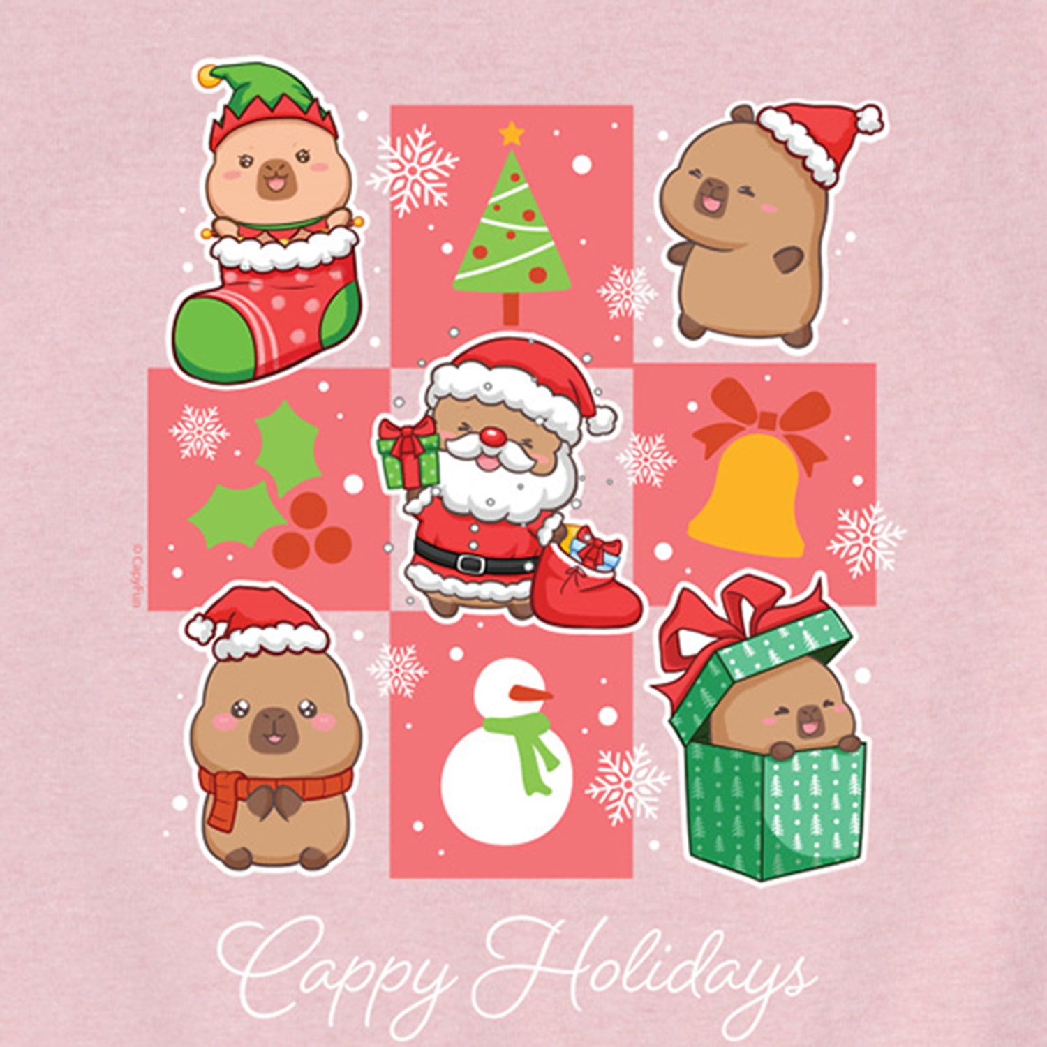 Capybara Holiday Santa Grid Big Kid Girls Crew Neck Short Sleeve Regular Fit Graphic T-Shirt