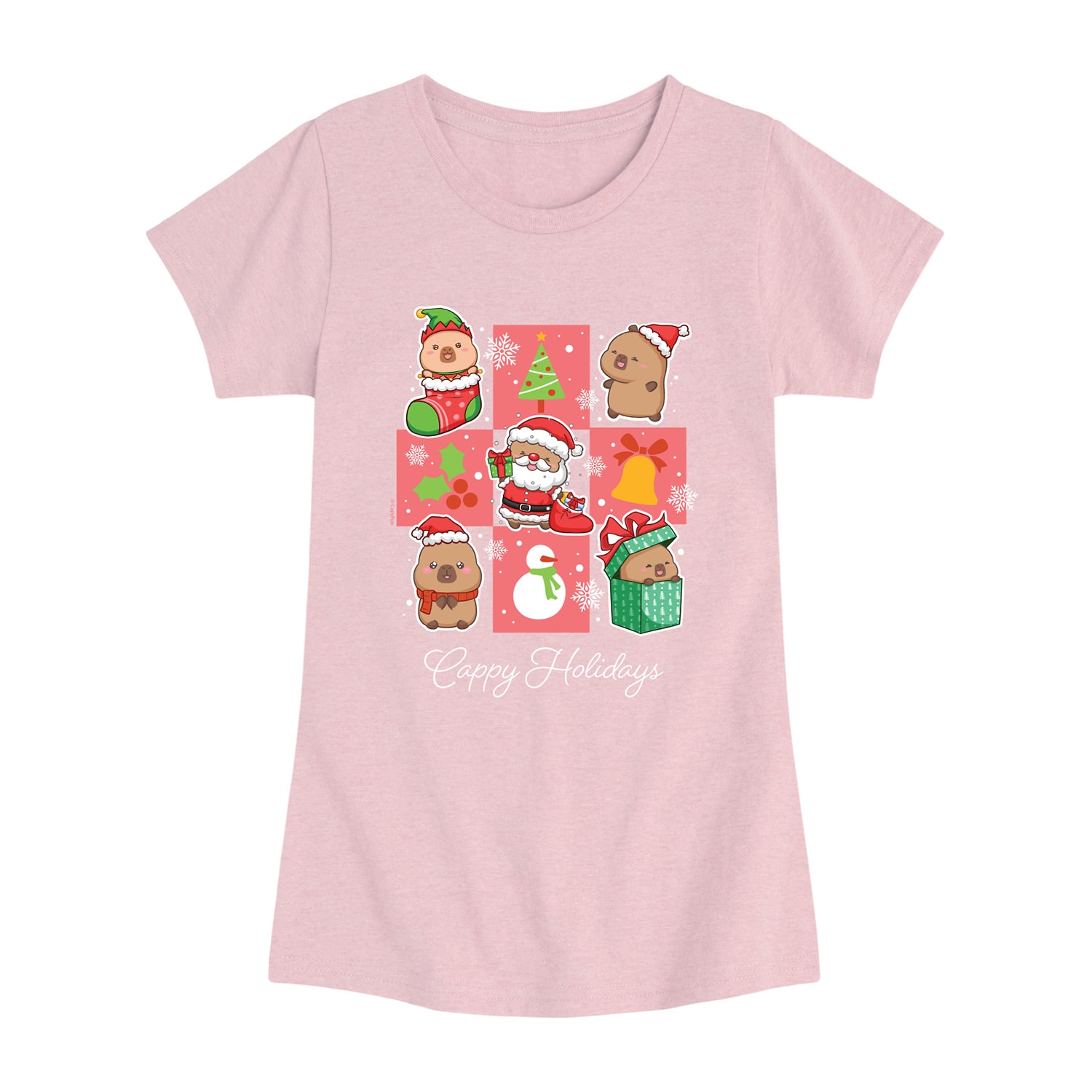 Capybara Holiday Santa Grid Big Kid Girls Crew Neck Short Sleeve Regular Fit Graphic T-Shirt